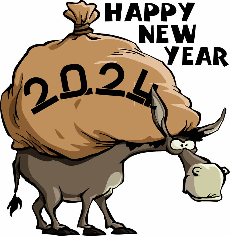 Humorous cartoon with a poor donkey loaded with sacks, will 2024 be like this?