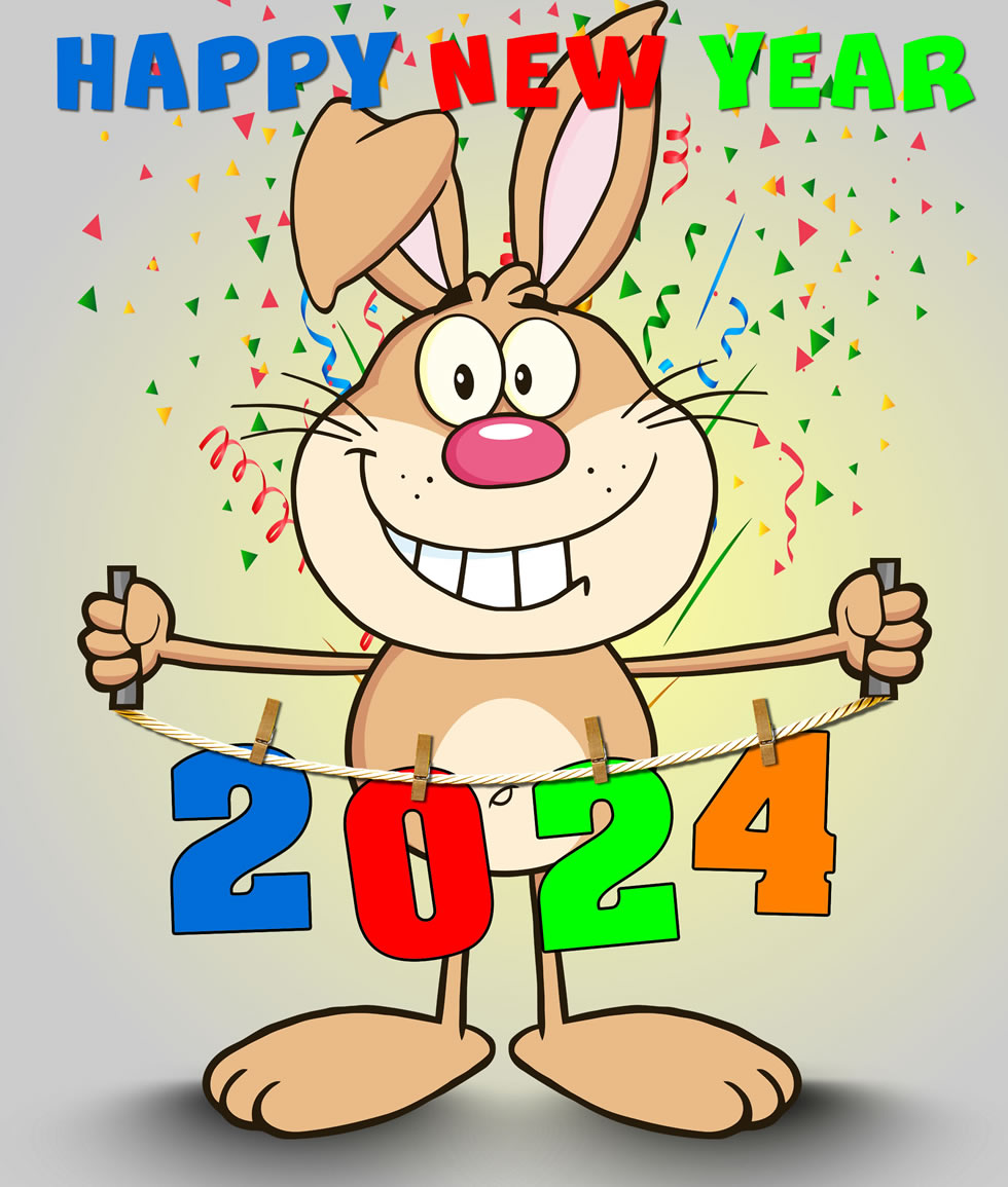 Clipart Happy New Year 2024 with cute smiling rabbit.