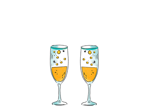 animated gif with the toast of two glasses to 2024 full of sparkling wine.
