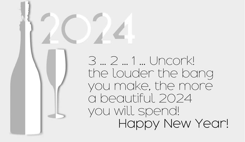 New Year’s message: 3... 2... 1... Uncork! the louder the bang you make, the more a beautiful 2024 you will spend! Happy new year!