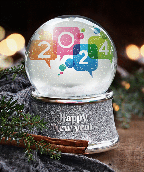 Animated snowball gif with the inscription Happy 2024