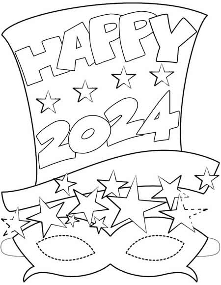 Coloring page to make a top hat with a New Year's mask 2024