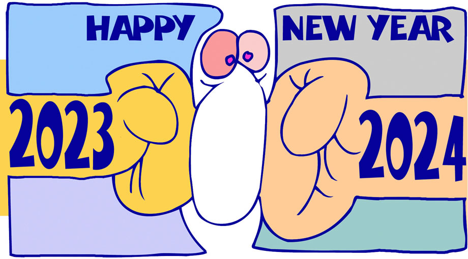 Humorous cartoon New Year's greetings: clenched with two fists, the face crushed between the old year and the new 2024.