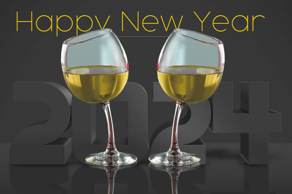 Greeting card with glasses full of sparkling wine to toast at midnight for the new year