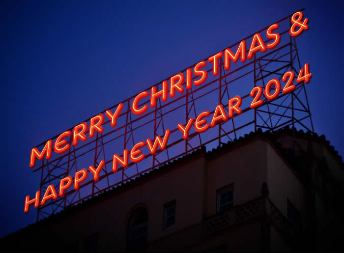 Advertising type image with Merry Christmas and Happy 2024 text created with neon lights