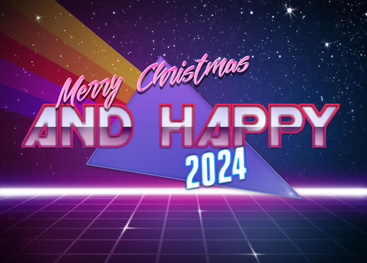 Modern style image with Merry Christmas and Happy New Year 2024 text.