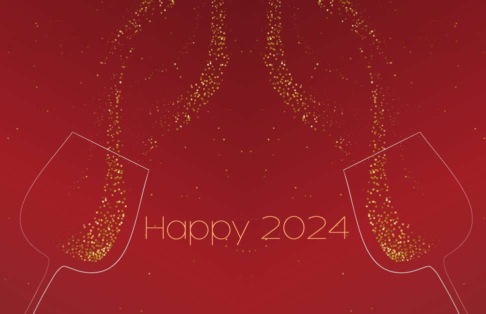 Image with two cups ready to toast for a happy 2024