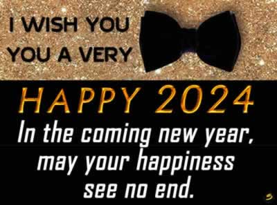 Elegant image of happy new year greeting card on black background with gold text with a nice phrase.